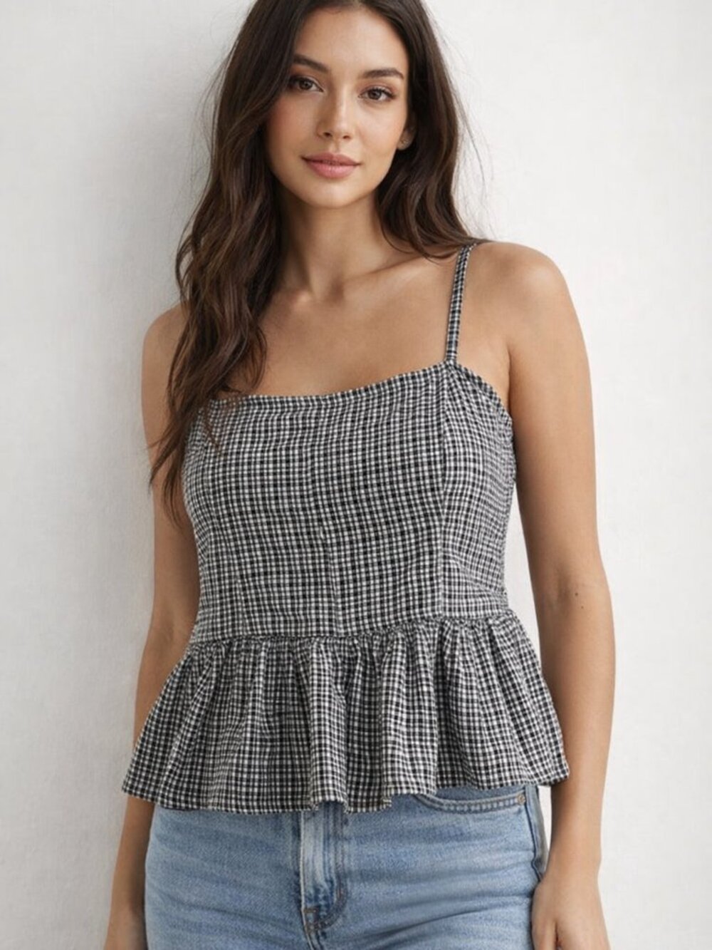 Aerie American Eagle Black and White Plaid Crop Tank Cami Top ~ Large NWT